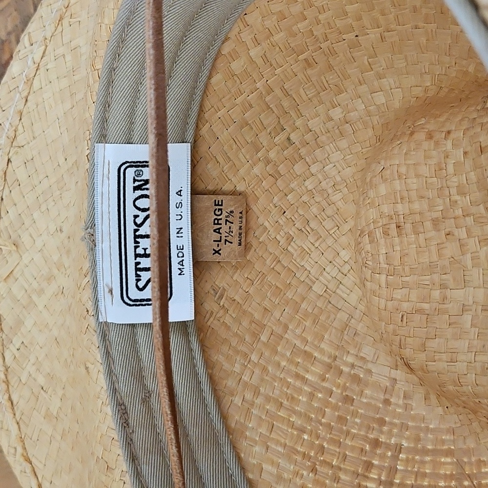 Woman's Stetson U.S.A. X-Large 7 1/2- 7 5/8 Straw Cowboy Hat Leather Chin Strap - Picture 9 of 9